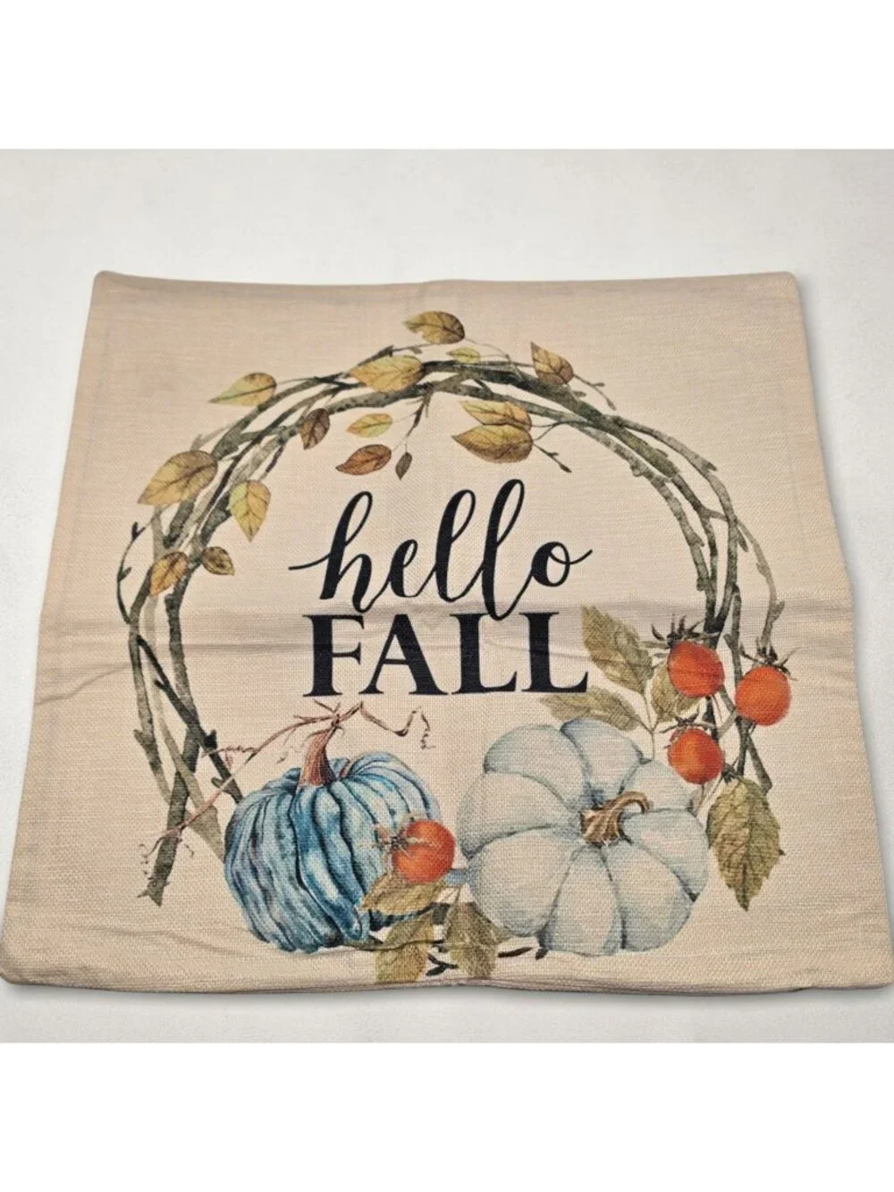 Hello Fall Decorative Throw Pillow Cover Pumpkins Leaves 17x18 Inches Beige